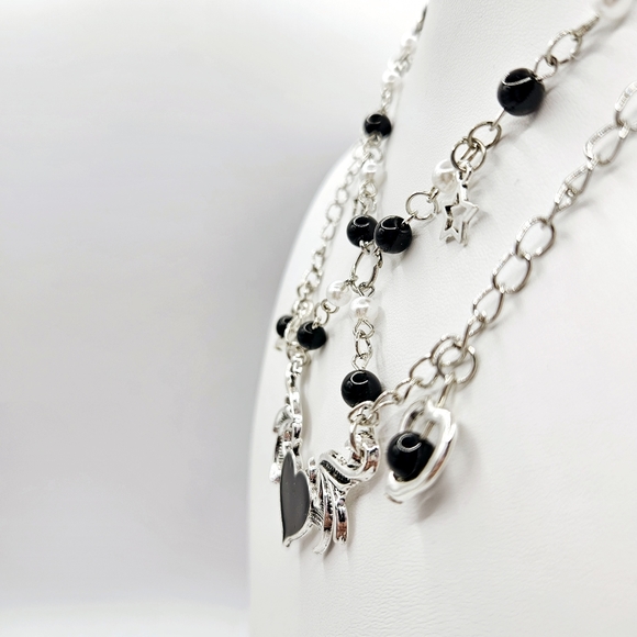 Black Winged Heart Fairycore Double Layer Choker Necklace New - Picture 2 of 3